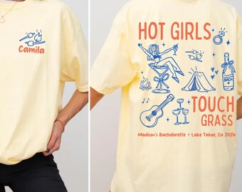 Funny Camp Bachelorette Party Tees, Personalized Lake Bach Trip Doodle, Hot Girls Touch Grass Shirt,  Trendy Bridal Party Comfort Colors