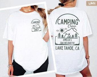Camping Crew Bachelorette Shirts Front and Back Print, Personalized Camp Bach Tee With Names, Custom Lake Trip Bridal Party Comfort Colors