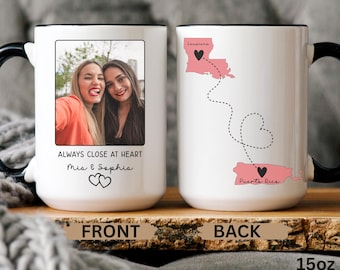 Long Distance Friend Mug, Personalized Photo State Map Mug for Best Friends or Sisters Who Live Far Away and Miss Each Other