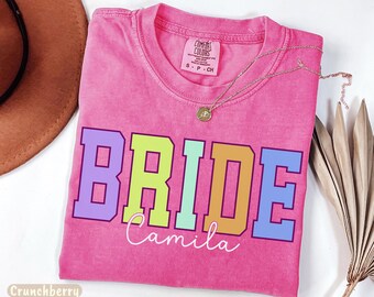 Personalized Bride Shirt with Name, Custom Bachelorette Party Tee, Comfort Colors Bridal Party Gift, Colorful Trendy Bach Trip Group Shirts