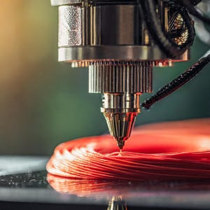 Puede incluir: Primer plano de una boquilla de impresora 3D que extruye un fino chorro de filamento rojo sobre una plataforma. El filamento está formando un patrón circular, creando un objeto en capas.