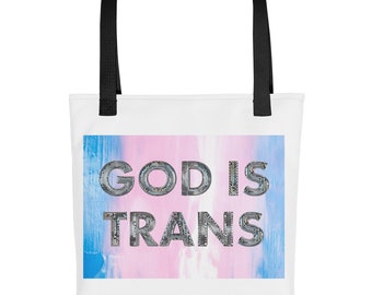 Bolsa de tela "Dios es trans" (38 x 38 cm) / LGBTQIA+ / Derechos de las personas trans / Unisex / Camiseta de algodón / Bandera trans / Orgullo trans / Transgénero