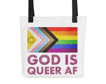 Bolsa de tela "Dios es Queer AF" (38 x 38 cm) / Queer / LGBTQIA+ / Orgullo / Orgullo Queer / Igualdad / Accesorios del Orgullo Queer / Bolsa de tela progresista