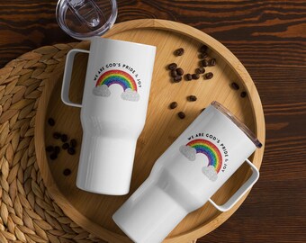 God’s Pride And Joy Travel Mug With Handle, Inclusive Faith Message, LGBTQ+ Affirming Coffee Cup, Glitter Style Pride Drinkware