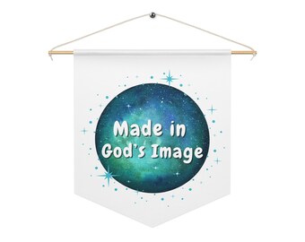 Banderín "Hecho a imagen de Dios", decoración de pared de fe inclusiva, pancarta de afirmación espiritual