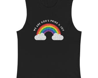 God’s Pride And Joy Rainbow Muscle Tank, Inclusive Faith Message, LGBTQ+ Affirming Sleeveless Shirt, Glitter Style, Queer Pride
