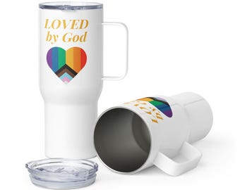 Amado por Dios / Taza de viaje con asa / LGBTQIA / Orgullo / Gay / Queer / Trans / Regalo