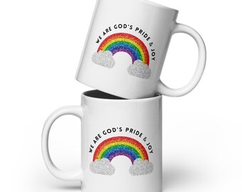 God’s Pride And Joy Rainbow Mug, Inclusive Faith Message, LGBTQ+ Affirming Coffee Cup, Glitter Style Pride, Drinkware, Queer Pride, Gift