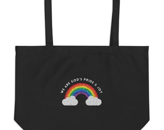 Guds stolthet och glädje stor ekologisk tygkasse, inkluderande trosbudskap, HBTQ+-bekräftande eko-shopper, glitter-inspirerad pride-bärväska, queer pride