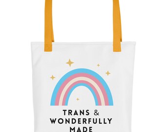 Bolsa de tela trans y maravillosamente confeccionada, diseño arcoíris afirmativo, mensaje de fe inclusiva LGBTQ+, bolsa de mano que empodera al orgullo trans.