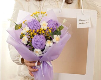 Ramo de flores terminado Flores de punto de ganchillo Regalos del día de la madre artificiales tejidos a mano Regalo de boda para invitados Regalo del día de los padres para ella