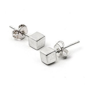 Mini Silver Cube Studs - Simple Geometric Post Earrings in Sterling Silver