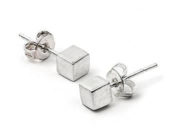 Mini Silver Cube Studs - Simple Geometric Post Earrings in Sterling Silver