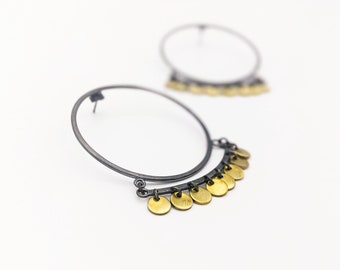 Bali Hoop Earrings - Big Bold Hoops that Shimmy - Accented with Brass Discs - Sterling Silver Dangle Earrings Handmade by Queens Metal