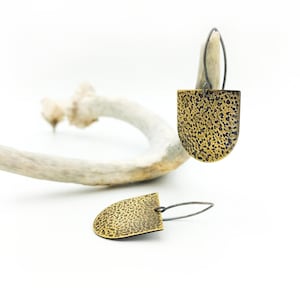 Può includere: Un paio di orecchini dorati con una texture martellata. Gli orecchini hanno la forma di uno scudo e pendono da un sottile filo nero.