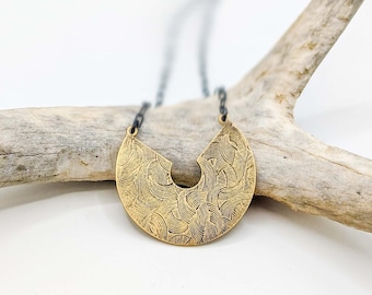 Half Circle Necklace - Brass and Dark Silver Mixed Metal Geometric Necklace - Handmade by Queens Metal