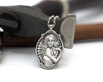 Cat Saint Necklace - Patron Saint of Purrs in Sterling Silver - Medallion Religious Iconography Animal Lover Kitten Rescue
