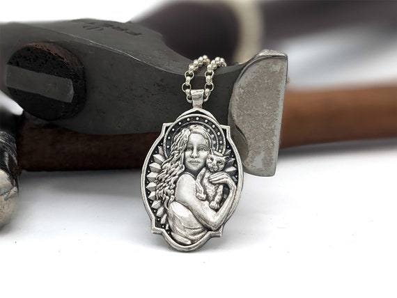 Cat Saint Necklace - Patron Saint of Purrs in Sterling Silver - Medallion Religious Iconography Animal Lover Kitten Rescue