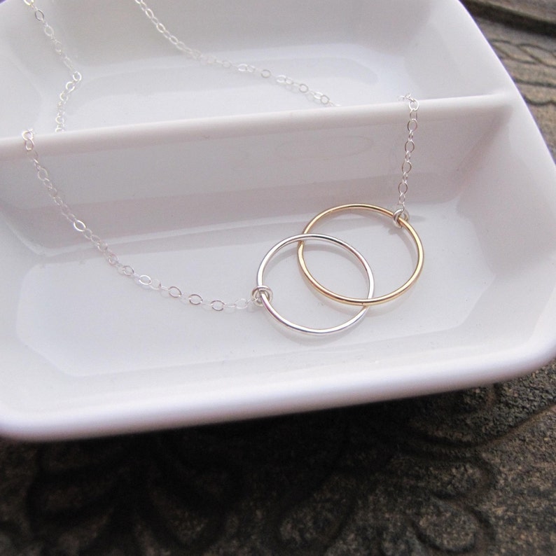 Friendship Necklace Two Joined Circles Sterling Silver and Gold Fill Simple Choker Necklace by Queens Metal image 2
