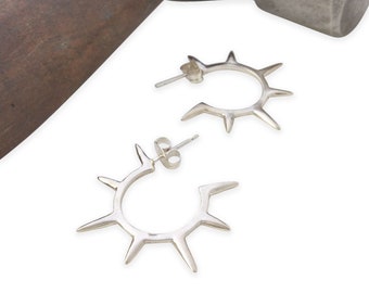 Silver Sunburst Hoop Earrings - Sterling Spike Hoops - Small Spiky Post Earrings