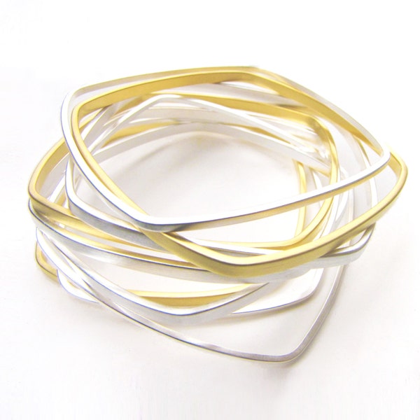 Square Bangles Gold and Silver Dipped - Set of Nine Narrow Geometric Stacking Bangles by Queens Metal