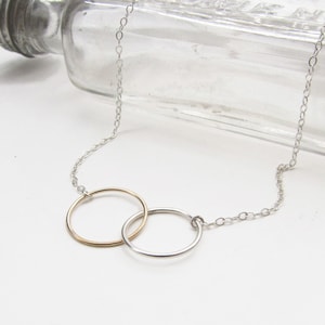 Friendship Necklace - Two Joined Circles Sterling Silver and Gold Fill  - Simple Choker Necklace by Queens Metal