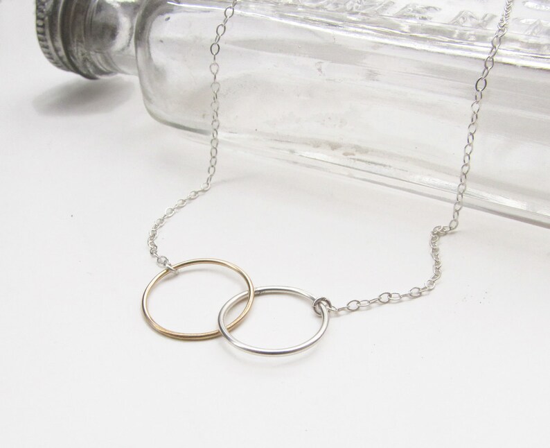 Friendship Necklace Two Joined Circles Sterling Silver and Gold Fill Simple Choker Necklace by Queens Metal image 1