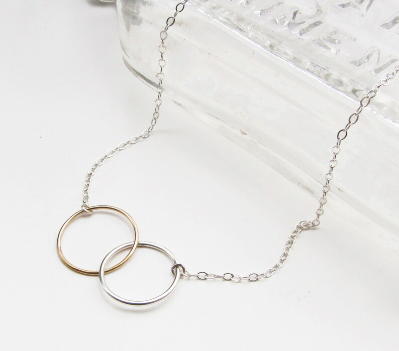 Friendship Necklace Two Joined Circles Sterling Silver and Gold Fill Simple Choker Necklace by Queens Metal image 3