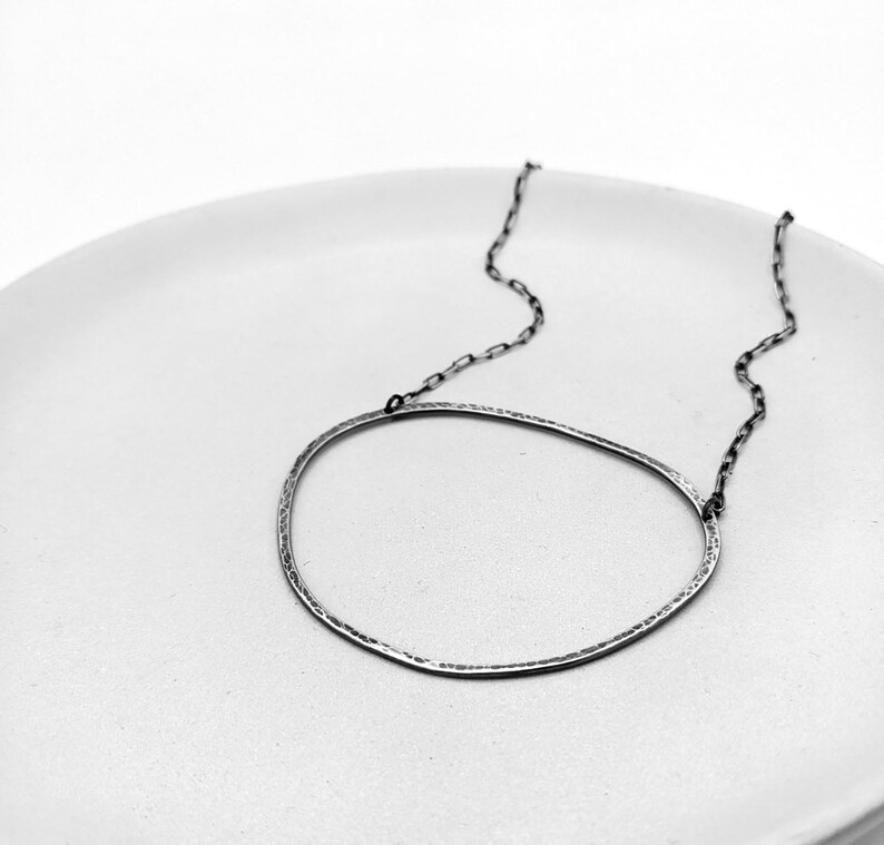 Beach Pebble Necklace in Sterling Silver Handmade Large Statement Necklace Hammered Textured Circle Organic Shape image 2