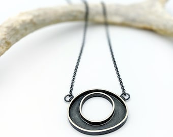 Mini Crop Circle Necklace  - Dark Metal Oxidized Industrial Statement Necklace in Sterling Silver Handmade by Queens Metal