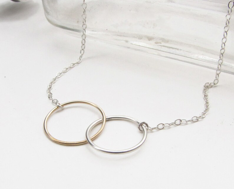 Friendship Necklace Two Joined Circles Sterling Silver and Gold Fill Simple Choker Necklace by Queens Metal image 4