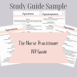 May include: A pink and white study guide for nurse practitioners. The guide includes information on hypernatremia, hypocalcemia, hyperphosphatemia, and hyperkalemia. The text "The Nurse Practitioner NP Guide" is written in a large font on a pink background.