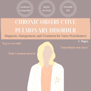 Pode incluir: Um guia digital para download para enfermeiros praticantes sobre doença pulmonar obstrutiva crônica. O guia apresenta uma mulher com um jaleco branco e um estetoscópio e o texto "The NP Guide".