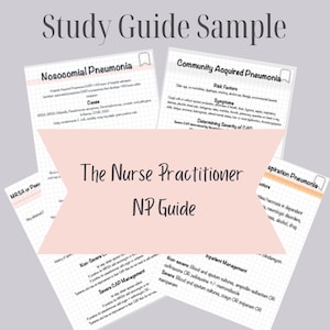May include: A pink and white study guide with the text "The Nurse Practitioner NP Guide" in a large font. The guide includes information on Nosocomial Pneumonia, Community Acquired Pneumonia, and Aspiration Pneumonia.