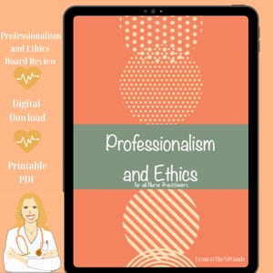 Puede incluir: Una descarga digital de una guía para enfermeras practicantes sobre profesionalidad y ética. La portada presenta un esquema de color verde y naranja con un gráfico de corazón estilizado y el texto "Profesionalidad y ética para todos los profesionales de enfermería".