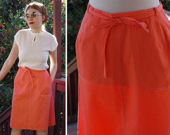 Just PEACHY 1970's Vintage Bright Peach Pink Knee Length Wrap Skirt // size Small Medium // by KORET of California