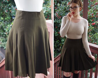 Deep OLIVE 1980&#39;s 90&#39;s Vintage Sexy Military Green Wool + Rayon Pleated Skirt // size Small W26&quot; // United Colors Benetton // Made in ITALY