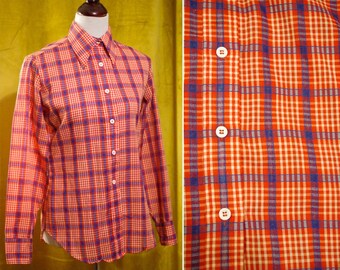 PLAID 1970's Vintage Bright Red White + Blue Gingham Plaid Button Down Shirt w/ Long Sleeves // size Small Med // by The GAP