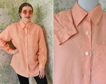 Light PEACH 1980's 90's Vintage Solid Peach Pink Pure Linen Blouse Button Down Shirt w/ Long Sleeves // size Large // by Liz CLAIBORNE
