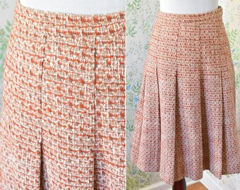 PUMPKIN Spice 1960's 70's Vintage Rusty Orange Cream + Light Brown Nubby Wool Thick Pleated Skirt // size Small Med // Waist 28"