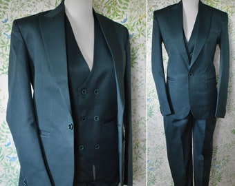 Dark TEAL 1960&#39;s 70&#39;s Vintage Tall Slim Men&#39;s 3 Piece Suit // Custom Tailored // Blazer Jacket Vest + Pants // Chest 36-38 W30&quot; L33