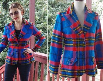 FELTED 1960's 70's Vintage Bright Blue + Red Plaid MOD Blazer Jacket // size Small Medium // by JANTZEN Label 4 Jrs.