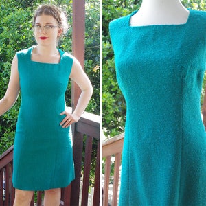 TEAL Blue 1960's Vintage Solid Teal Blue Textured Wool Knit Sleeveless Shift Dress // size Small // Handmade