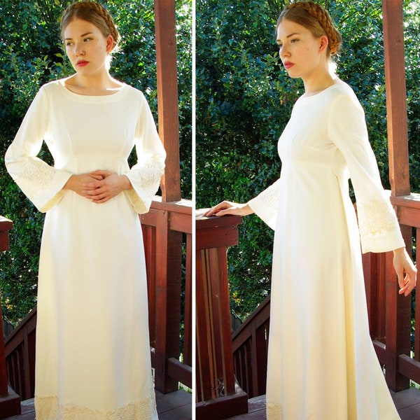 IVORY 1960's Vintage White Wedding Gown Long Dress w/ Bell Sleeves Detachable Train + Decorative Trim // size Medium // Renaissance Revival