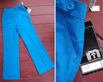 SKY Blue 1970&#39;s Vintage Bright Solid Blue Nubby Cotton High Waist Bell Bottoms // Pants // by MUSHROOM // size Small // Waist 26 27&quot;