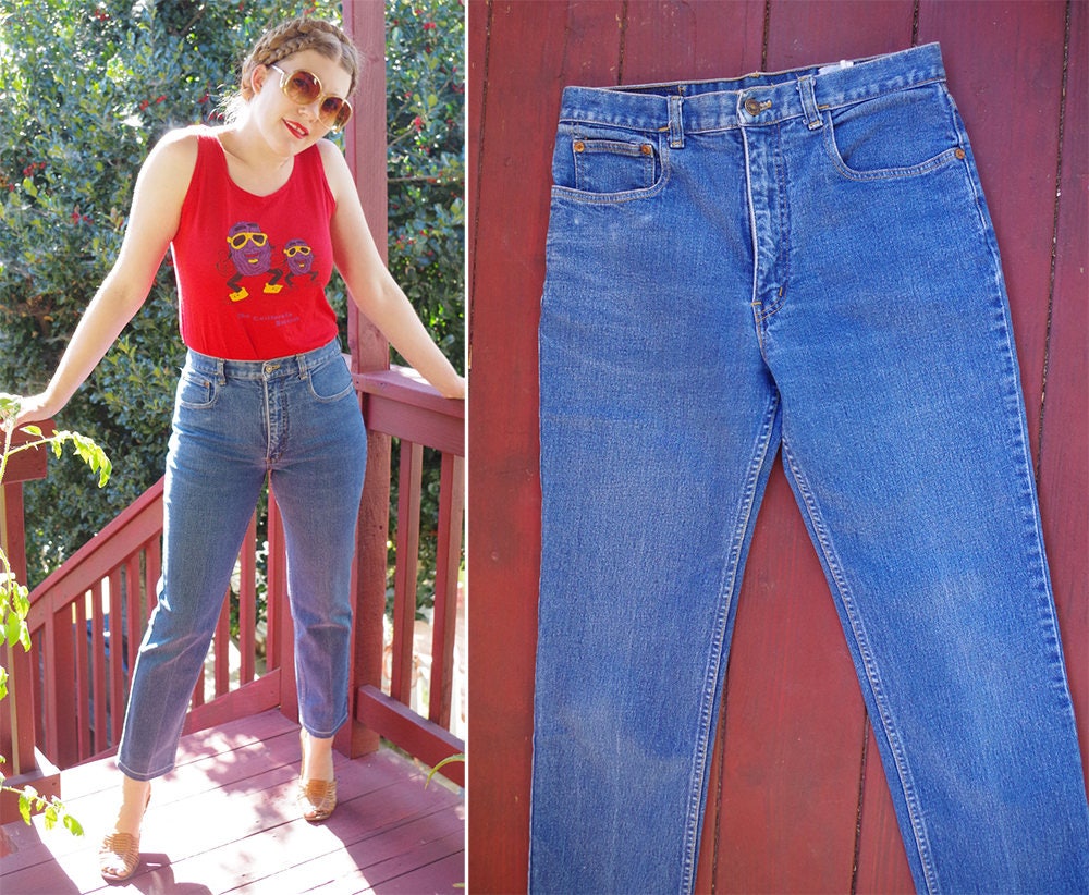 Sky BLUE 1970's 80's Vintage High Waist Cotton Stretch Skinny Jeans with Tapered Ankles // waist 30 Medium // by TEXWOOD