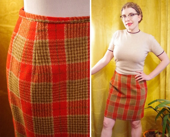 Woven PLAID 1950's 60's Vintage Bright Ruby Red Tan Brown Plaid