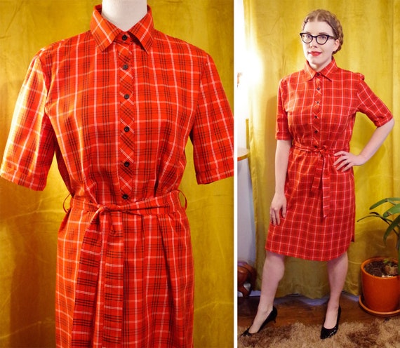 TOMATO 1960's 70's Vintage Bright Red Plaid Cotto… - image 1