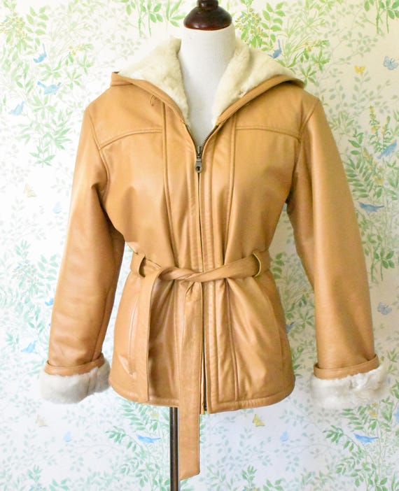 CARAMEL Cream 1970's Vintage HOODED Light Caramel Brown Leather