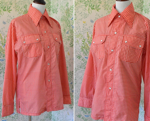 GINGHAM 1960's 70's Vintage Men's Red + White Pla… - image 2